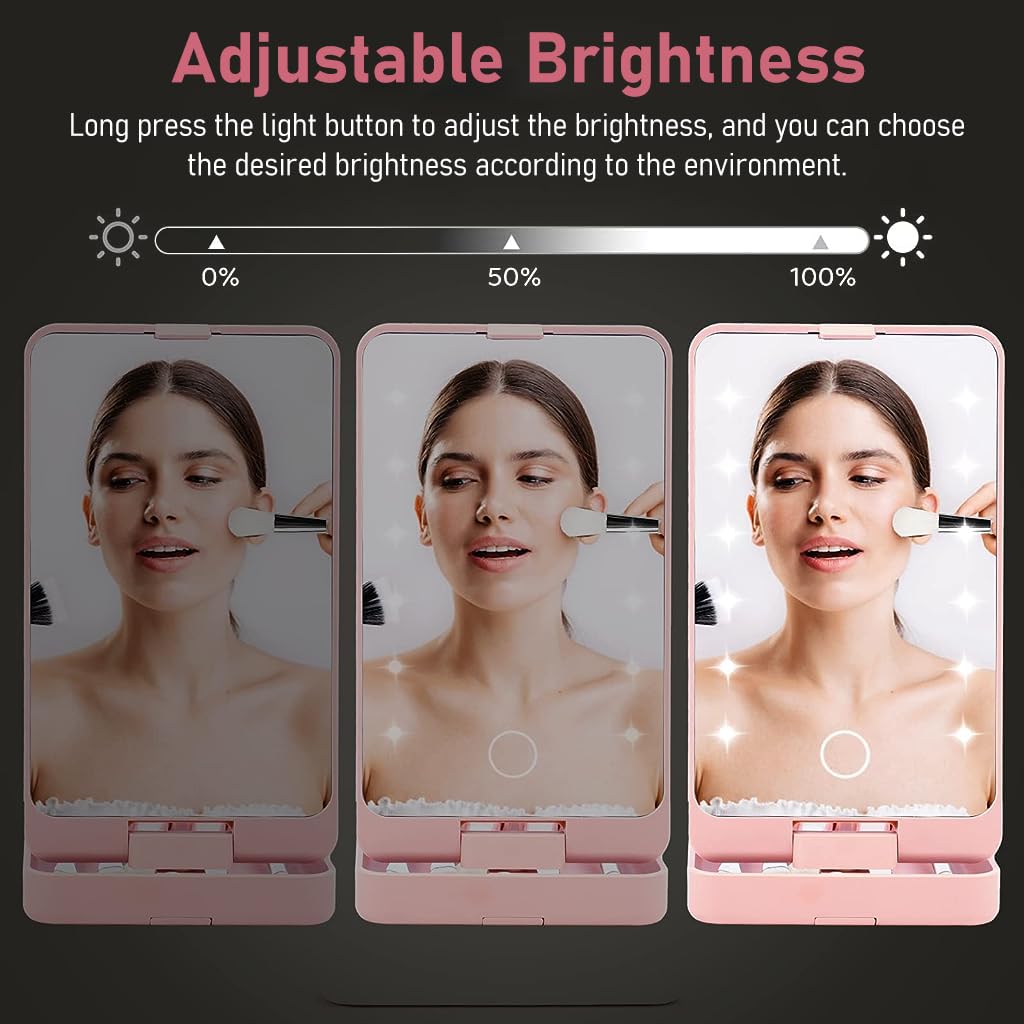 MAYCREATE Vanity Mirror with Light, 2 in 1 Rotatable Personal Beauty Mirror with 5 Makeup Brushes, LED Lights Dimmable Touch Screen Travel Lighted Mirror for Women and Girls