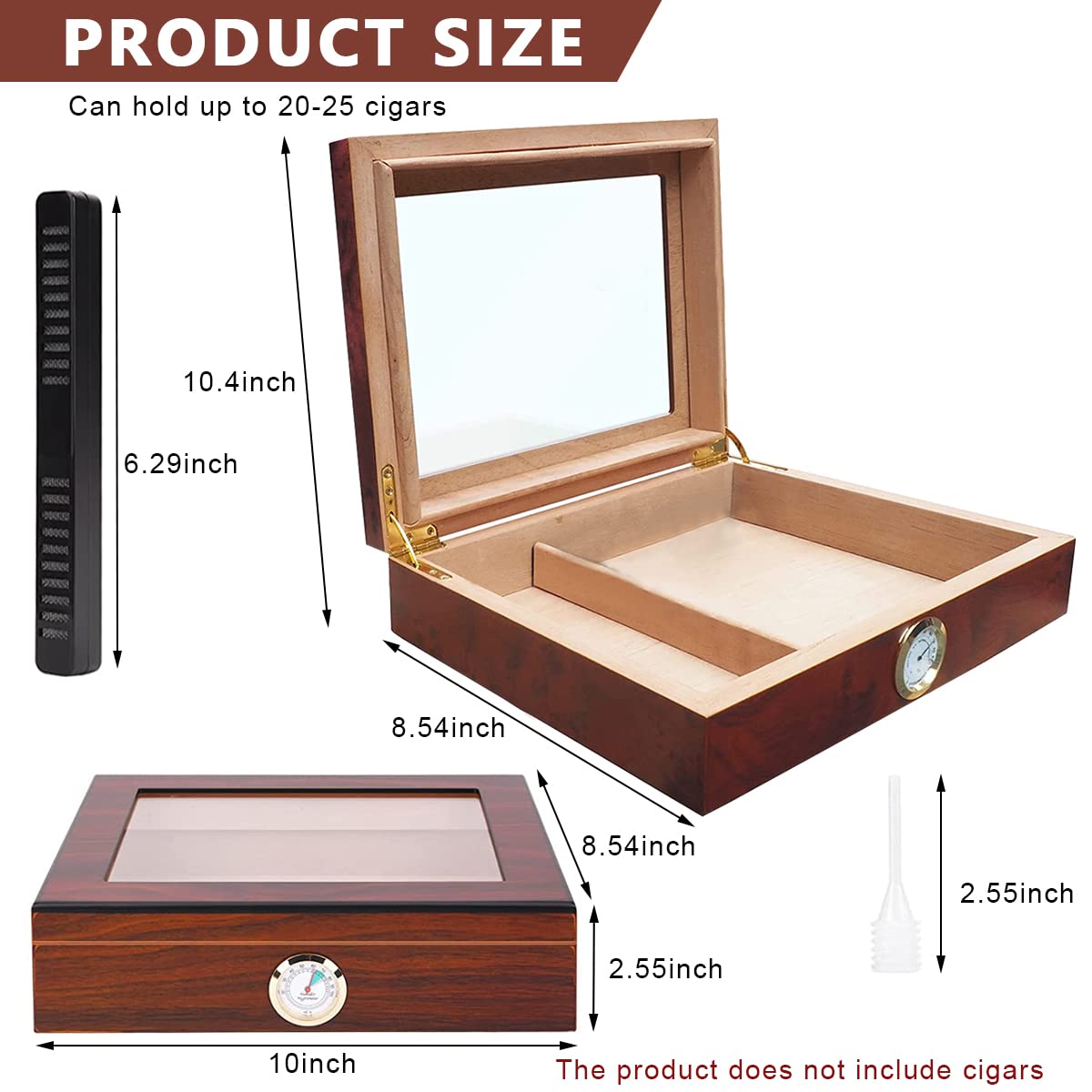 GUSTAVE Cigar Humidor Cigar Box, Cedar Cigar Desktop Box with Glass Top, Humidifier and Hygrometer, Luxurious Wooden Cigar Box Cigar Gift Box Cigar Collection Box, Holds 20 Cigars (Without Cigars)