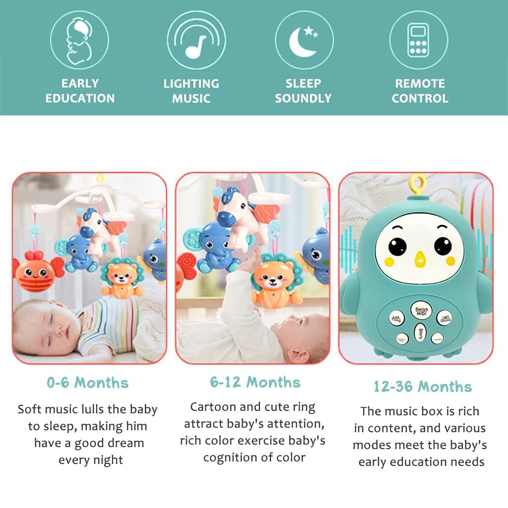 PATPAT Hanging Toys for Babies 0-6 Months Cot Mobile Musical Toys New Born Baby Toys Electric Rotation Crib Hanging Toy with Lullabies, Timing, Night Light Crib Mobile for Boys Girls 3-6 Months-Green