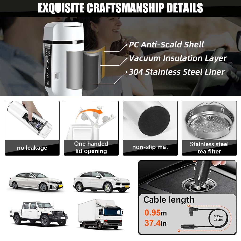 Supvox Electric Water Bottle Car Home Use 12/24V 400ml Stainless Steel Electric Water Heater Adjustable Temperature Digital LCD Display Travel Water Heater with Drawstring Bag