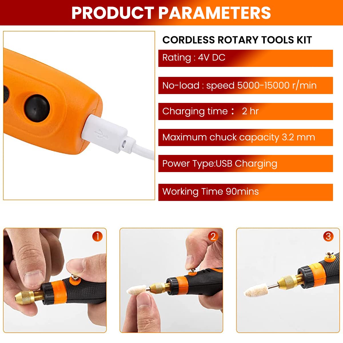 Verilux 45pcs Mini Cordless Drill Machine, 900Ah USB Rechargeable 3 Speed Small Drill Machine for Craft, Drill Machines for Eng (Orange)