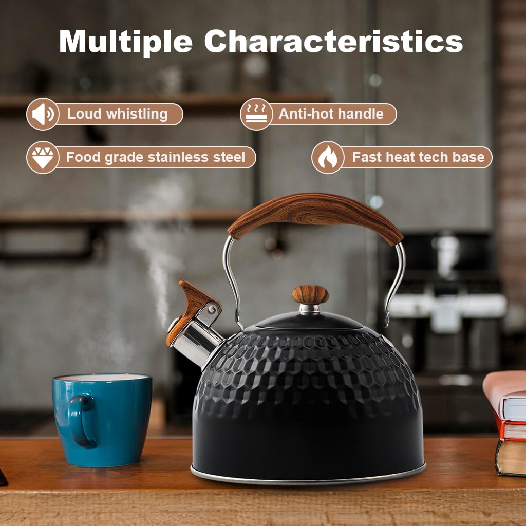 Supvox Tea Kettle 2.5L Stainless Steel Hot Kitchen Watter Kettle High Pitch Whistle Tea Pot on Stove/Induction Cooker, Tea Kettle Anti Scald Handle Coffee Tea Pot for Kitchen Camping, RV, Black