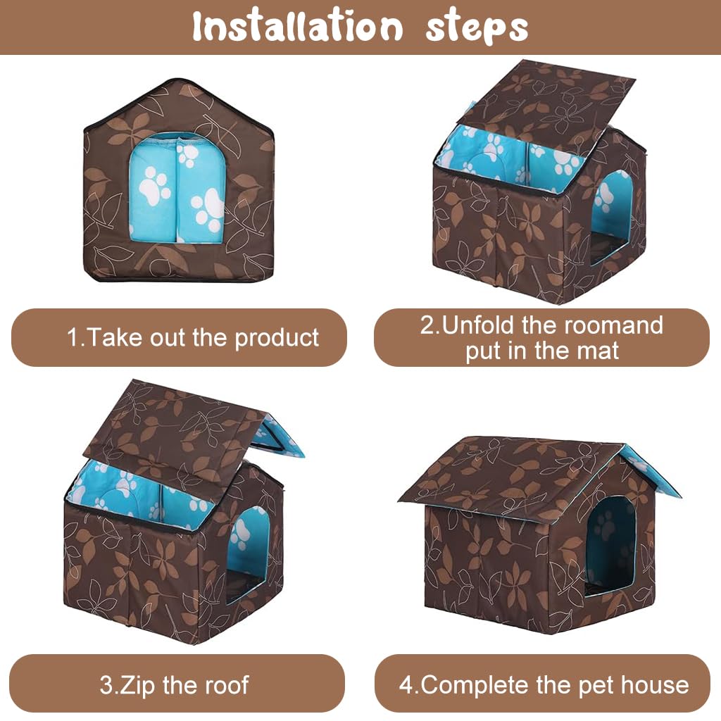 Qpets Cat House, Pet Hut Indoor Outdoor Hide Cave with Detachable Roof Waterproof Cat House DIY Assembly Foldable Pet House Padded Warm Cat House Play House Winter Pet House, 45x43x40cm