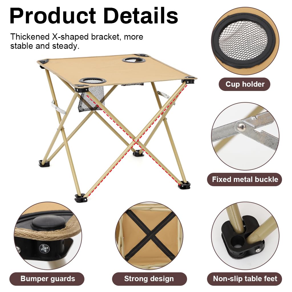 Proberos Folding Camping Table Bench Table Waterproof Oxford Cloth Table with Built in 2 Cup Holders Lighweight Portable Table 18.8'' Folding Table for Camping, Beach, Balcony, Picnic