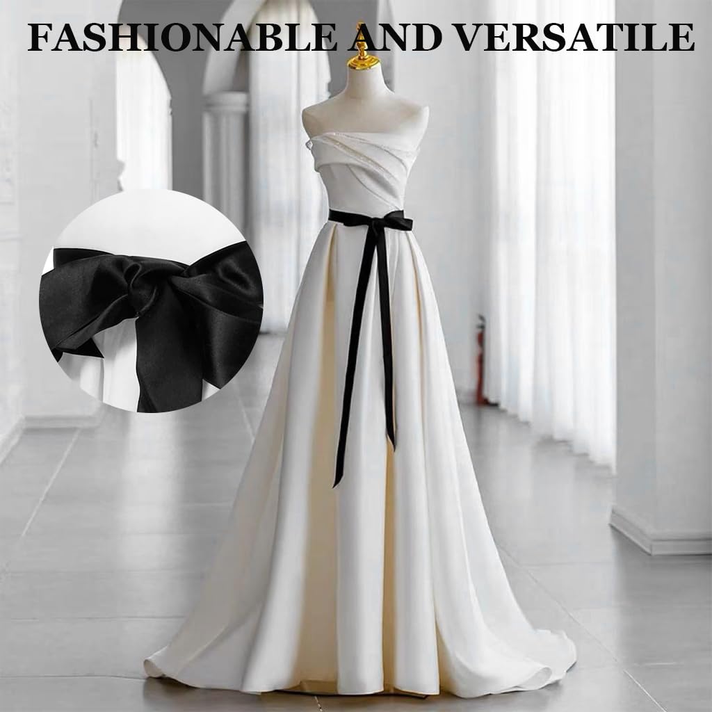 PALAY Chiffon Sash Belts Black and White Set of 2pcs Chiffon Sash Belts Luxury Silk-touch Waist Belt Dress Sash Belt for Dresses, Blouses, Evening Dress, 1.5 inches x 125 inches