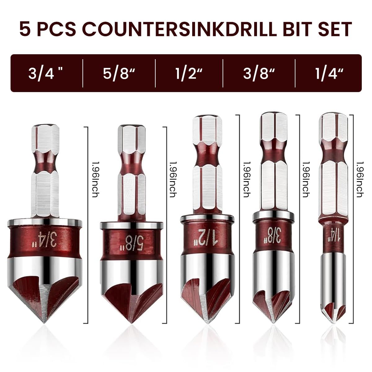Serplex 5Pcs Countersink Drill Bit Set 3/4'', 5/8'', 1/2'', 3/8'', 1/4'', 82 ° 5-Flute Steel Countersink Drill Bit Universal Hex Shank, Rotatory Tool Countersink Drill Bits for Wood, Metal, Plastic