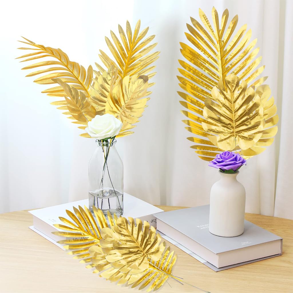 HASTHIP 12pcs Golden Monstera Leaves, 11.8 inches Golden Monstera Leaves for Home Decor Faux Leaves Simulation Monstera Leaves with Stems for Home Decor, Wall Decor, DIY Art Crafts