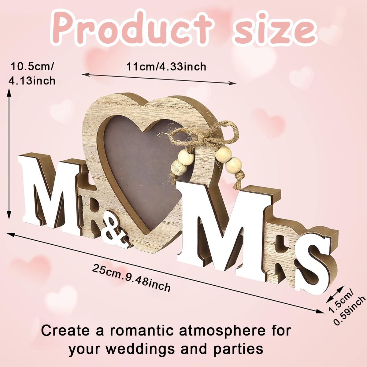 HASTHIP Mr and Mrs Photo Frame Wedding Gifts for Bride Groom Wood Love Heart Wedding Decorations Holder Romantic Tabletop Picture Newlywed Anniversary Engagement Party Decoration