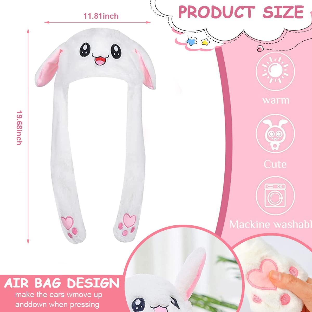 PATPAT Plush Animal Bunny Dancing Ears Hat, Cute Rabbit Moving Ear Flaps and Press Paws for Girls Women Kids, Birthday Gift (White)