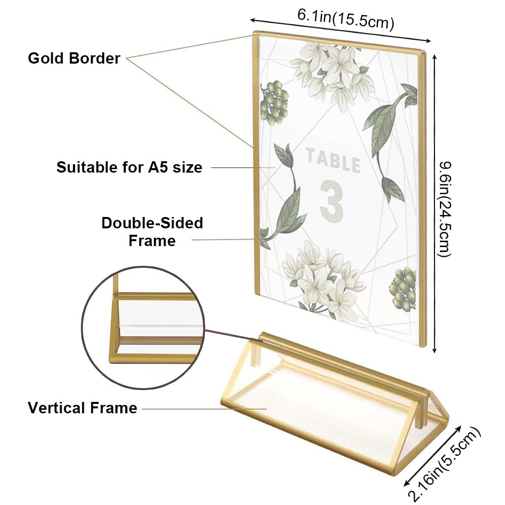 Climberty 6Pcs Acrylic Gold Sign Holders, 5.9x8.2 inch Clear Picture Frames with Gold Borders and Vertical Stand, Double Sided Table Menu Display Stand for Restaurant Signs, Wedding Table and Photos
