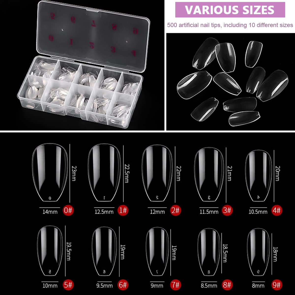 MAYCREATE 500PCS Fake Nails, Transparent Nails, Acrylic Nails False Nail with Case, Clear Resin Nails Full Cover Press on Nails for Nail Salons and DIY Nail Art, 10 Sizes