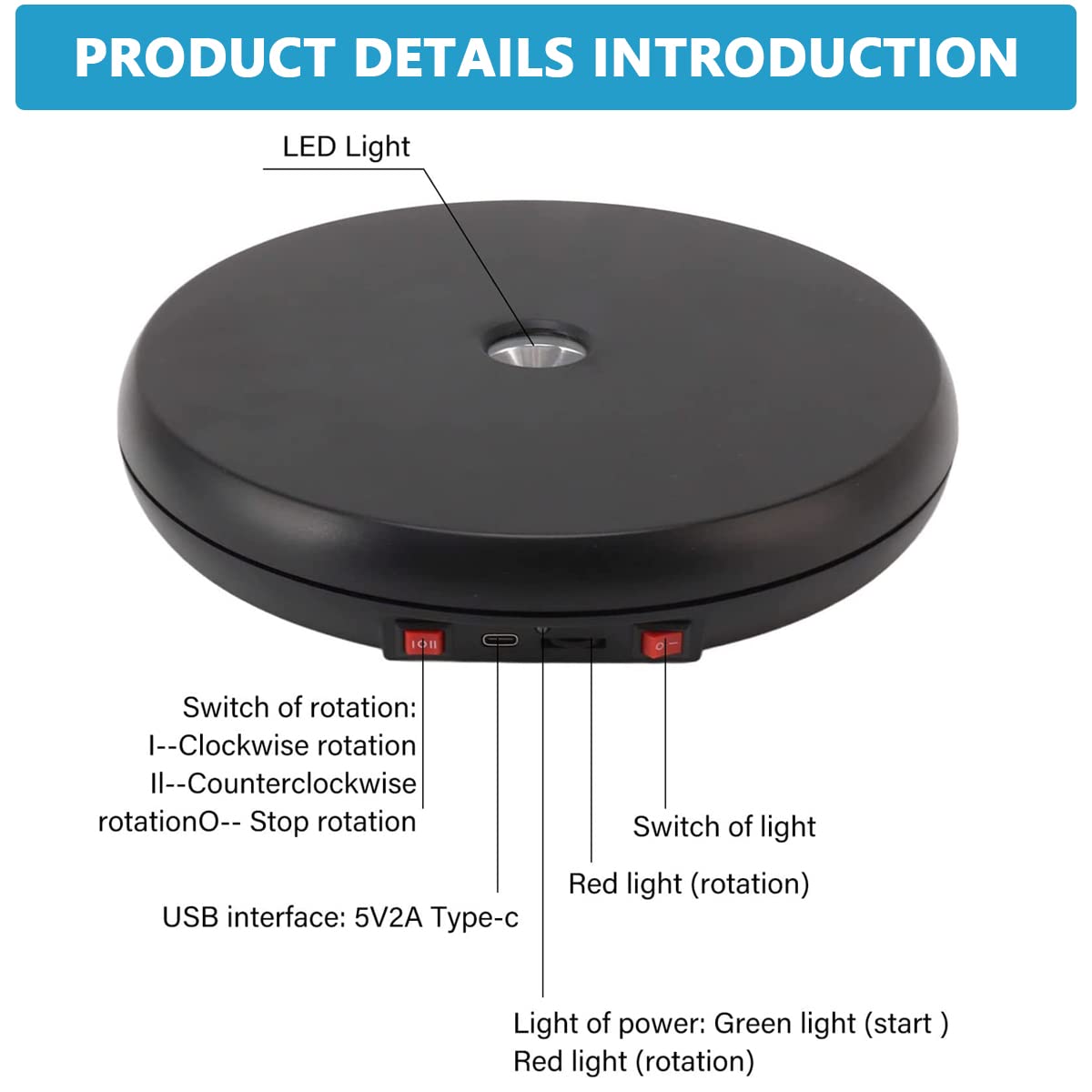 Supvox 1Pcs Rotating Display Stand with LED, 9.8'' USB Charge 360 Degree Rotating Turntable, Adjustable Speed Multi-Functional Rotary Table for Photography, Jewelry, Cake and Collectibles, 20kg Load