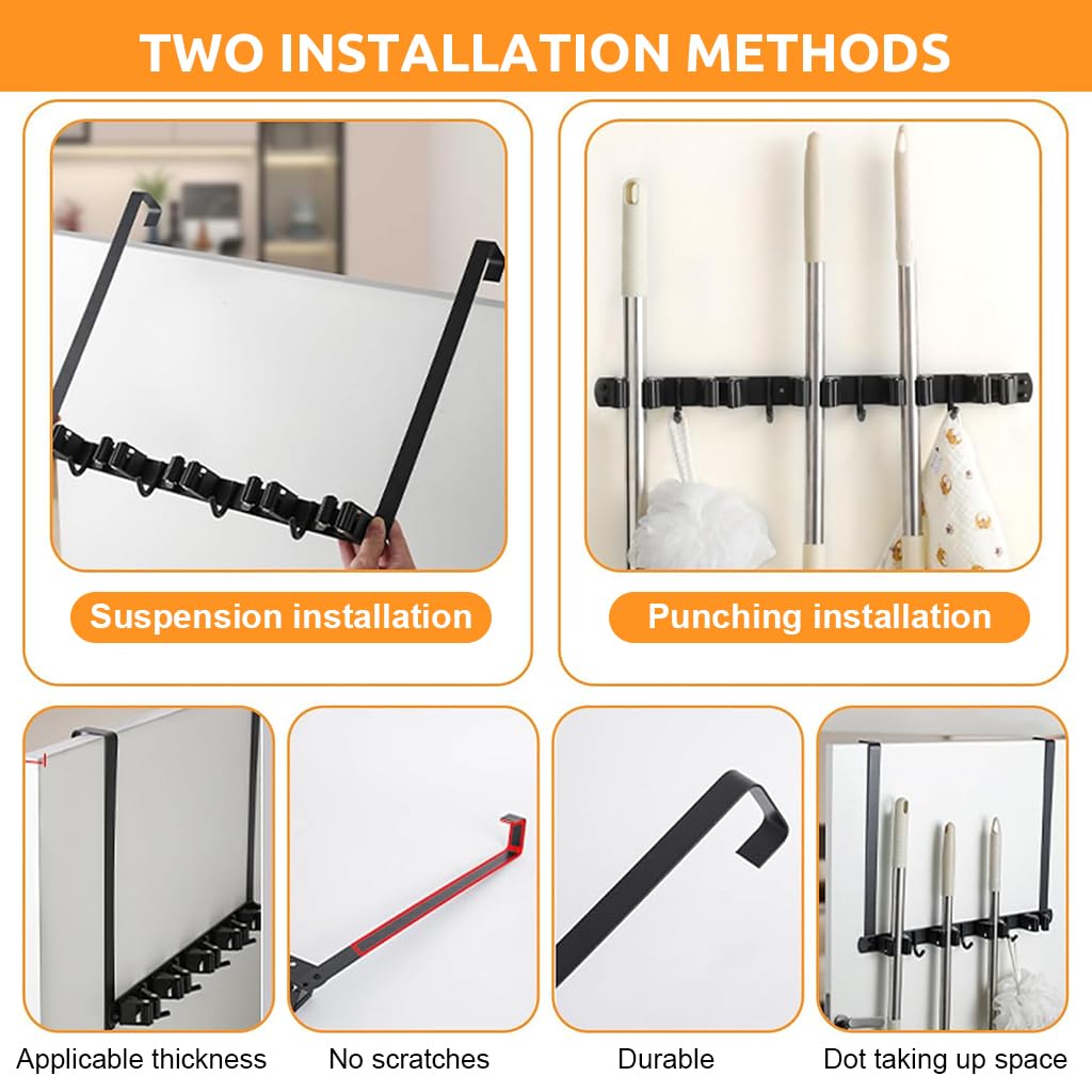 HASTHIP Stainless Steel Broom Holder Wall Mounted, 5-Slot Mop Organizer with 4 Hooks, Heavy Duty Multifunctional Rack Broom Mop Holder for Kitchen Bathroom Closet Garage Office Garden