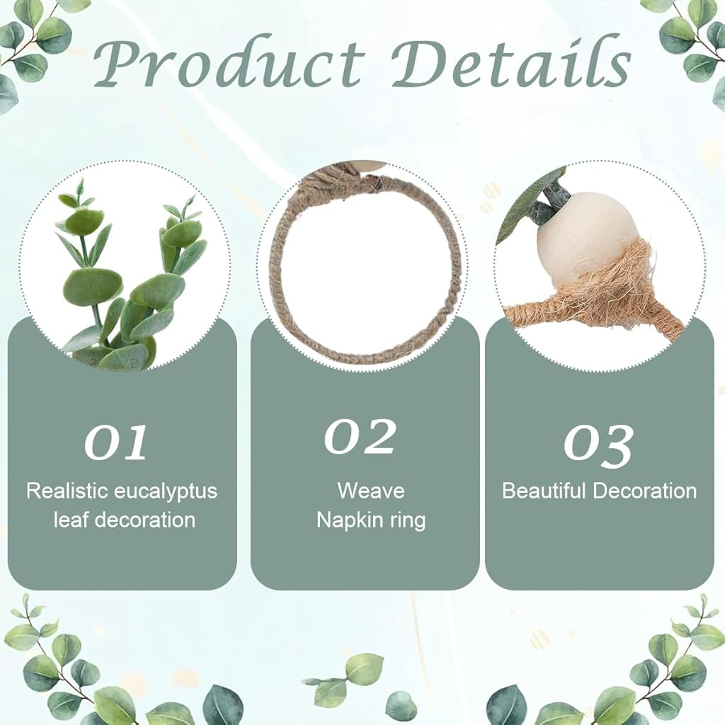 HASTHIP 6Pcs Napkin Rings Eucalyptus Leaf Hemp Rope Napkin Rings Rustic Style Napkin Rings Holder Decorative Table Napkin Rings for Festival, Wedding, Christmas