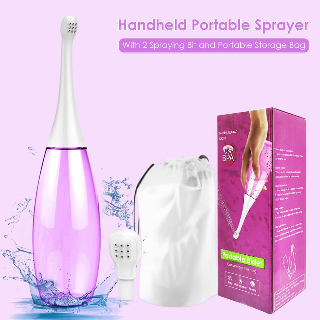 HANNEA Handheld Portable Bidet Sprayer with 2 Spraying Bit and Portable Storage Bag for Travel Bidet for Feminine Care,Postpartum Essentials,Hemmoroid Treatment (Purple 450ml)