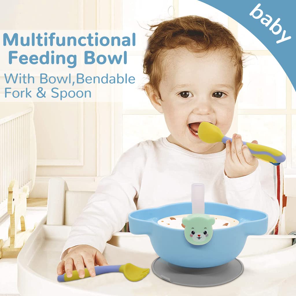 ELEPHANTBOAT 4Pcs Baby Plates for Baby with Cover, Fork, Spoons and Straws- Suction Cup Bowl Set- Self Feeding for Toddler -Training Dinnerware, Dishwasher & Microwave Safe, BPA Free
