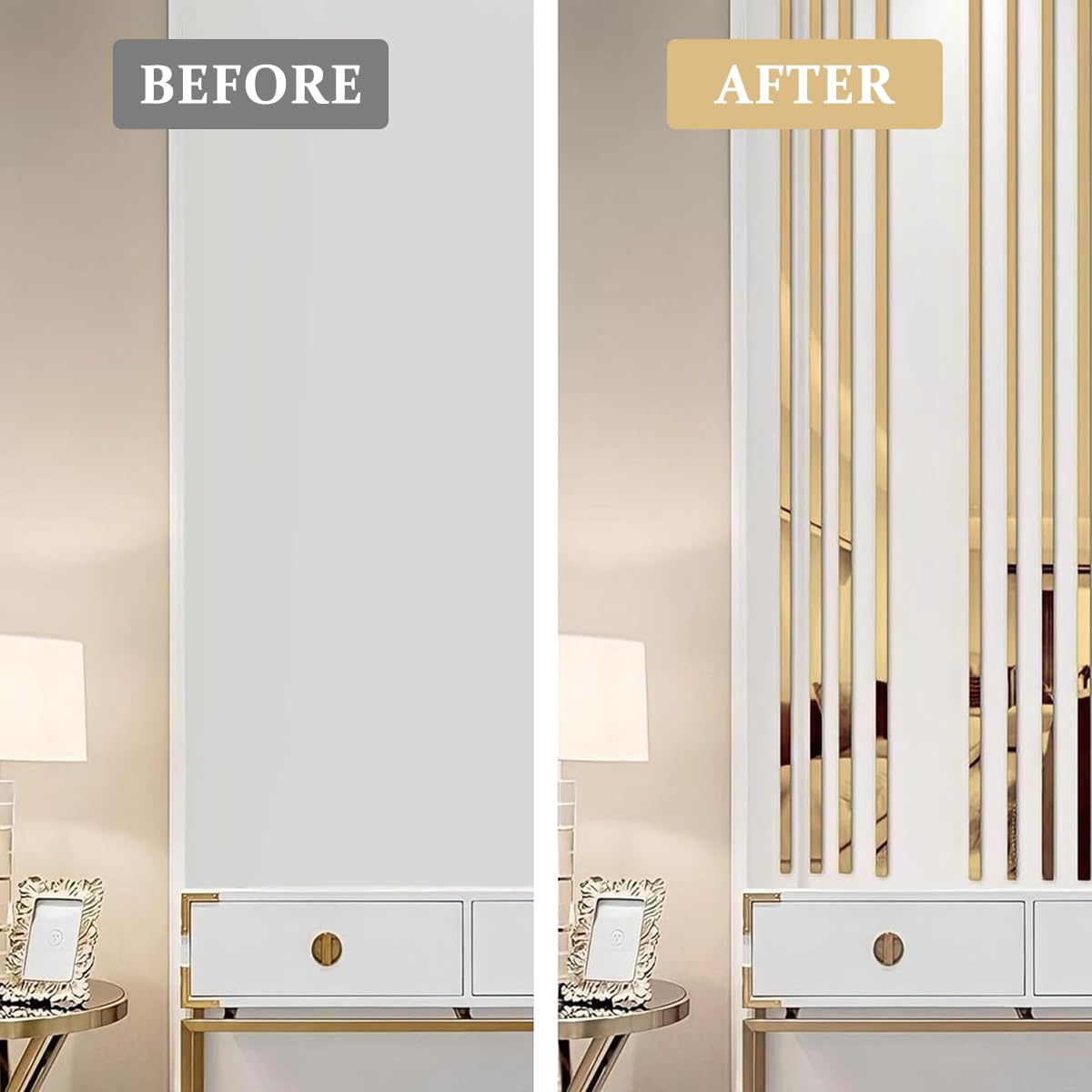 HASTHIP 16.4ft Golden Metal Trim Wall Strip, 201 Stainless Steel Self Adhesive Peel and Stick Wall Trim Metalized Mirror-Like Finish for Wall Ceiling Floor Cabinet Tile Edge Moulding