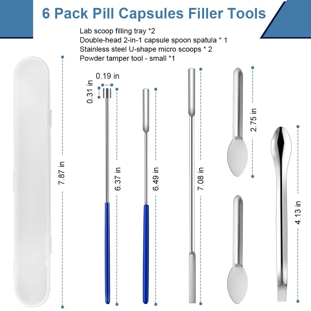 Supvox 6 Pieces Stainless Steel Capsule Filling Tool Kit, Micro Tiny Spoon Spatula, Lab Scoop Filling Tray, Herb Powder Tamper Tool for Empty Pill Capsules Filler Lab & DIY Projects