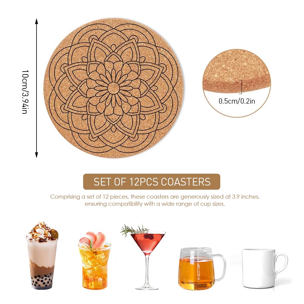 HASTHIP 12Pcs Mandala Coaster Cork Mandala Embossing Coasters 3.9 Inches Cup Coasters with Coaster Organizer Rack Home Gift Aesthetic Home Coasters for Tea Cups, Coffee Cups, Mug