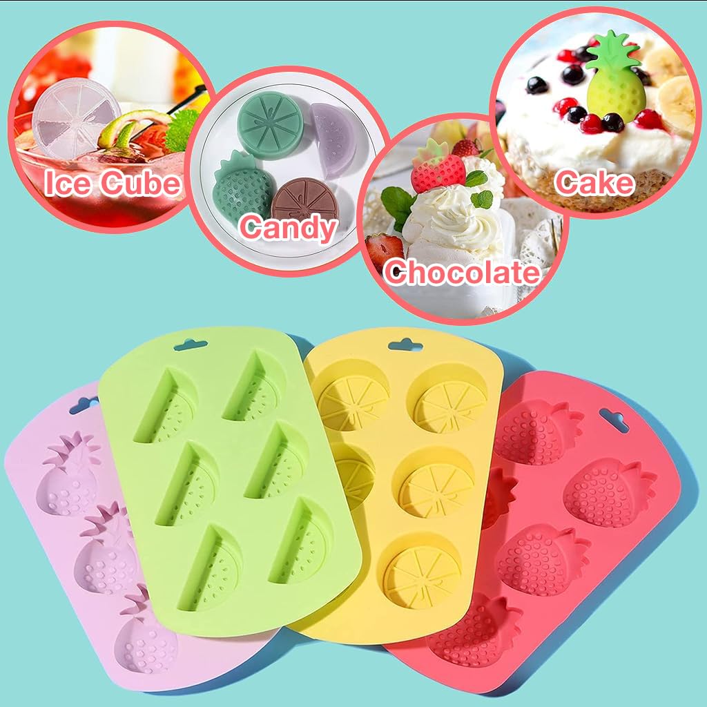 HASTHIP Fruit Molds 4Pcs Food-Grade Silicone Molds with Dripper Fruit Shape Kitchen Molds Baking Tool 6-Grid Kitchen Molds for Chocolate, Candy, Mousse, Ice Cube & Jelly