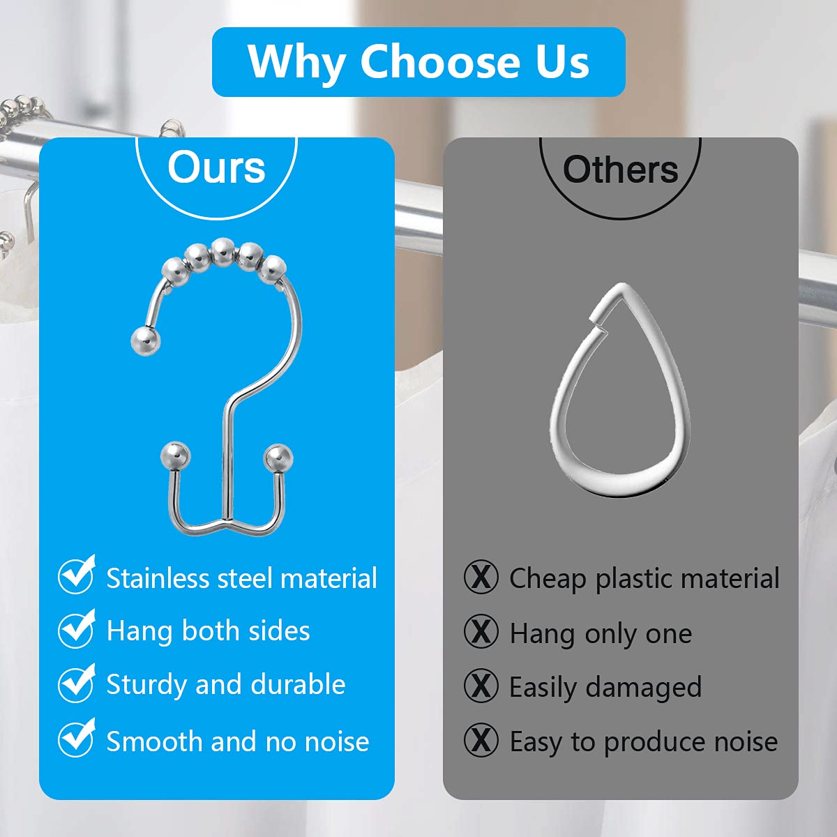 HASTHIP Bathroom Curtain Hooks,Stainless Steel Hook for Curtains,Rust-Resistant Metal Double Hooks Curtain Rings,Rolling Shower Curtain Hooks for Bathroom Shower Curtain Rods Curtains, Set of 10