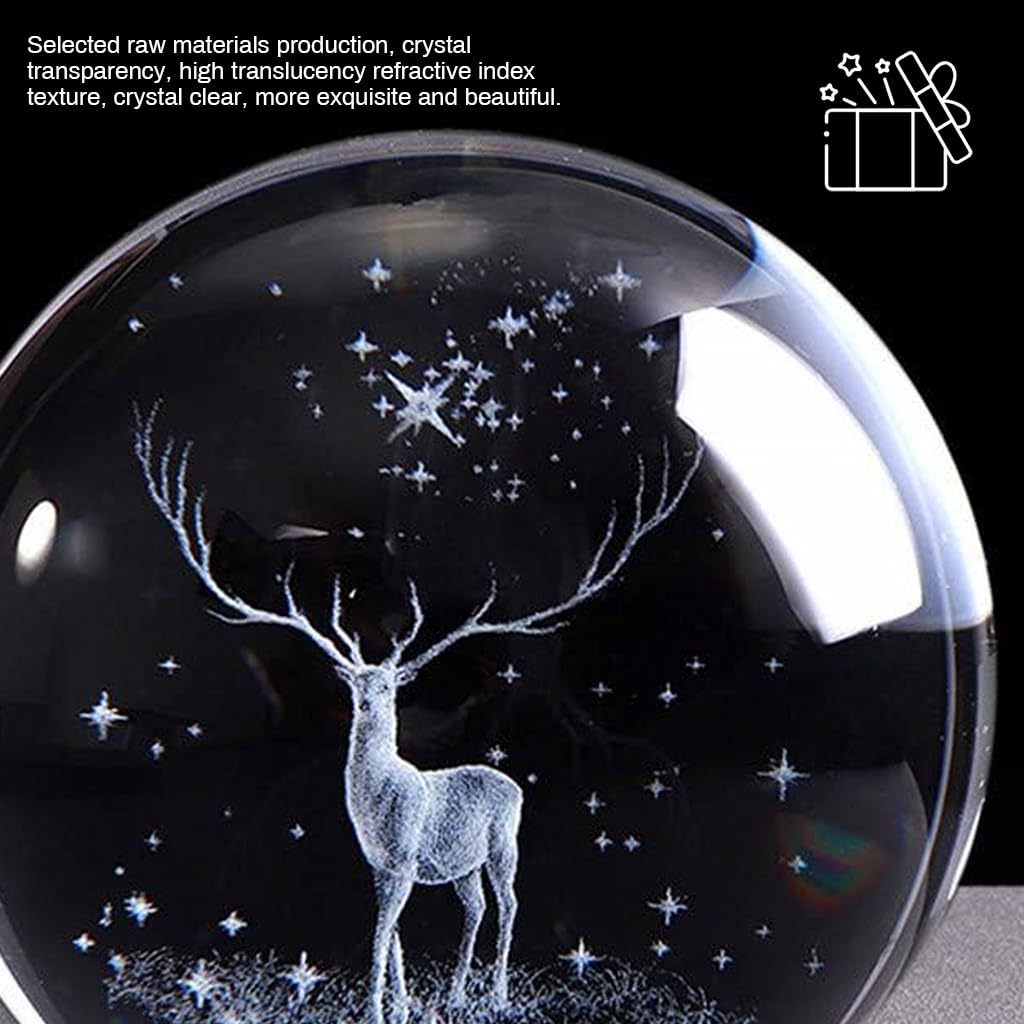 HASTHIP 6cm 3D Inner Christmas Deer Crystal Ball, Glass Sphere Laser Engraved Ball with Sliver-Plated Flowering Stand, Christmas Home Decor Desk Ornament Birthday Gift Festival Gift