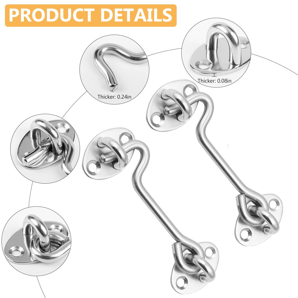HASTHIP 2Pcs 4 Inch Sliding Door Lock, Barn Door Lock Gate Latch, Gate Hooks and Eyes, Rust-Resistant Metal Gate Latch with Screws, Privacy Hooks Latch for Door, Window, Cabin, Barn (Silver)