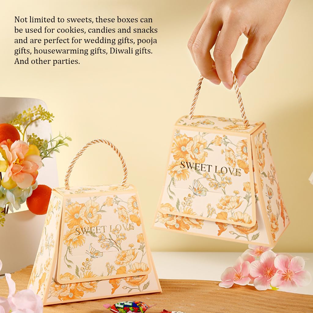 HASTHIP 20Pcs Gift Packing Box with Rope Handle Paper Sweet Love Print Gift Box Fashion Print Cardpaper Sweets Packing Box for Wedding, Party, Festival, Christmans, Diwali Party, 13x6.5x10.8cm