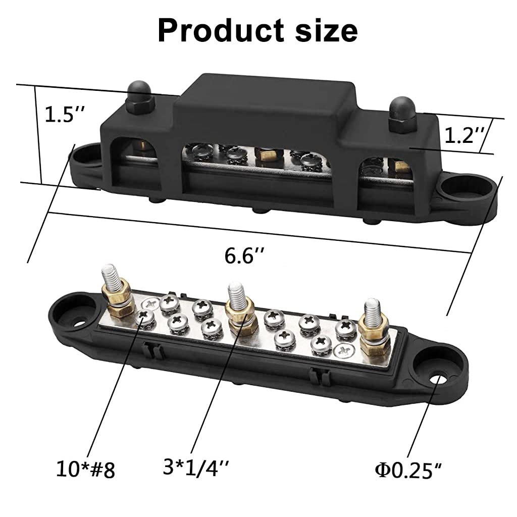 Serplex Bus Bar-3x1/4'' Post, 10x#8 Screw Terminal Power Distribution Block with 16Pcs Ring Terminals (Black)