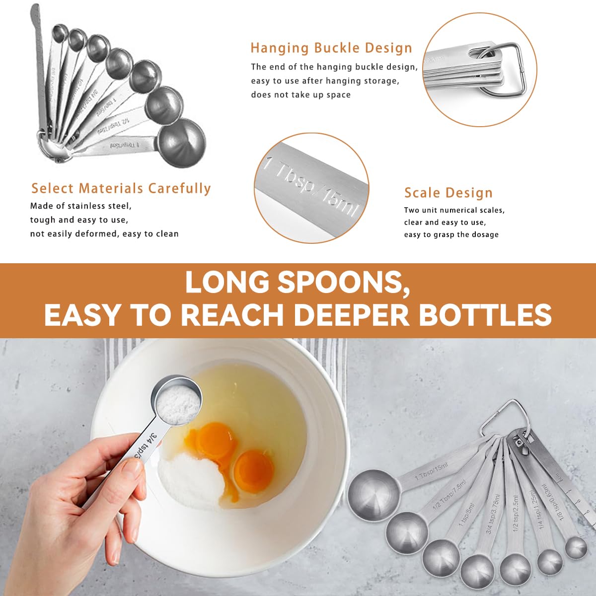HASTHIP 15-Piece Kitchen Measuring Cups & Spoons Set with 7 Cups, 7 Spoons, 1 Leveling Ruler & 2 Detachable Rings, Kitchen Gadgets for Cooking & Baking (Silver)