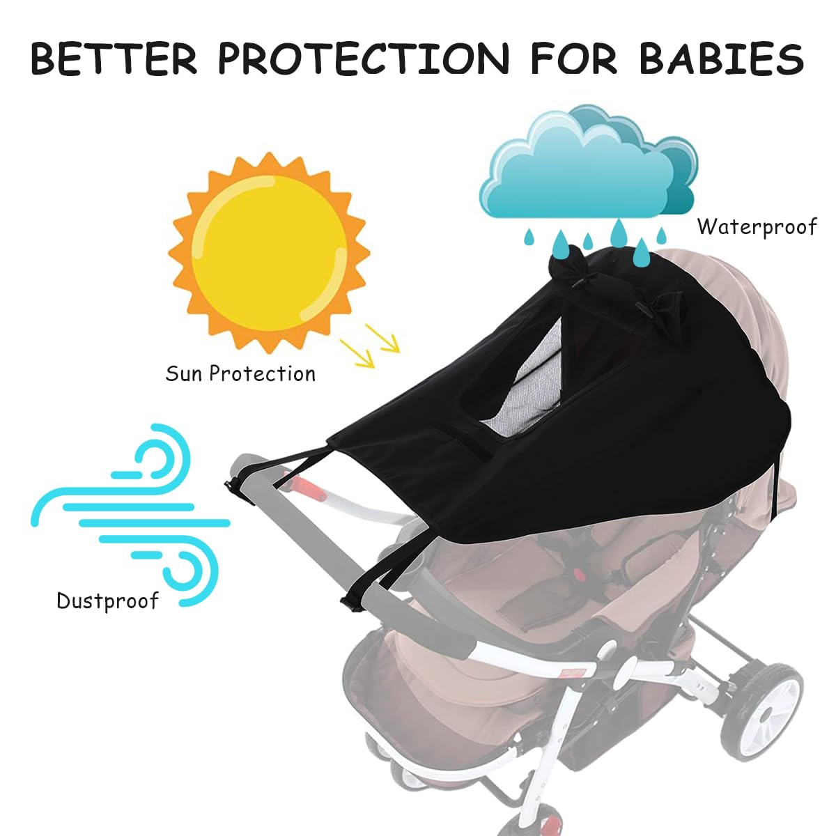SNOWIE SOFT Sun Shade for Stroller with Mesh Window, Universal Size UV Protection Sunshade for Baby Stroller, Waterproof Rainproof Stroller Canopy Breathable Stroller Cover Shield, Easy Installation