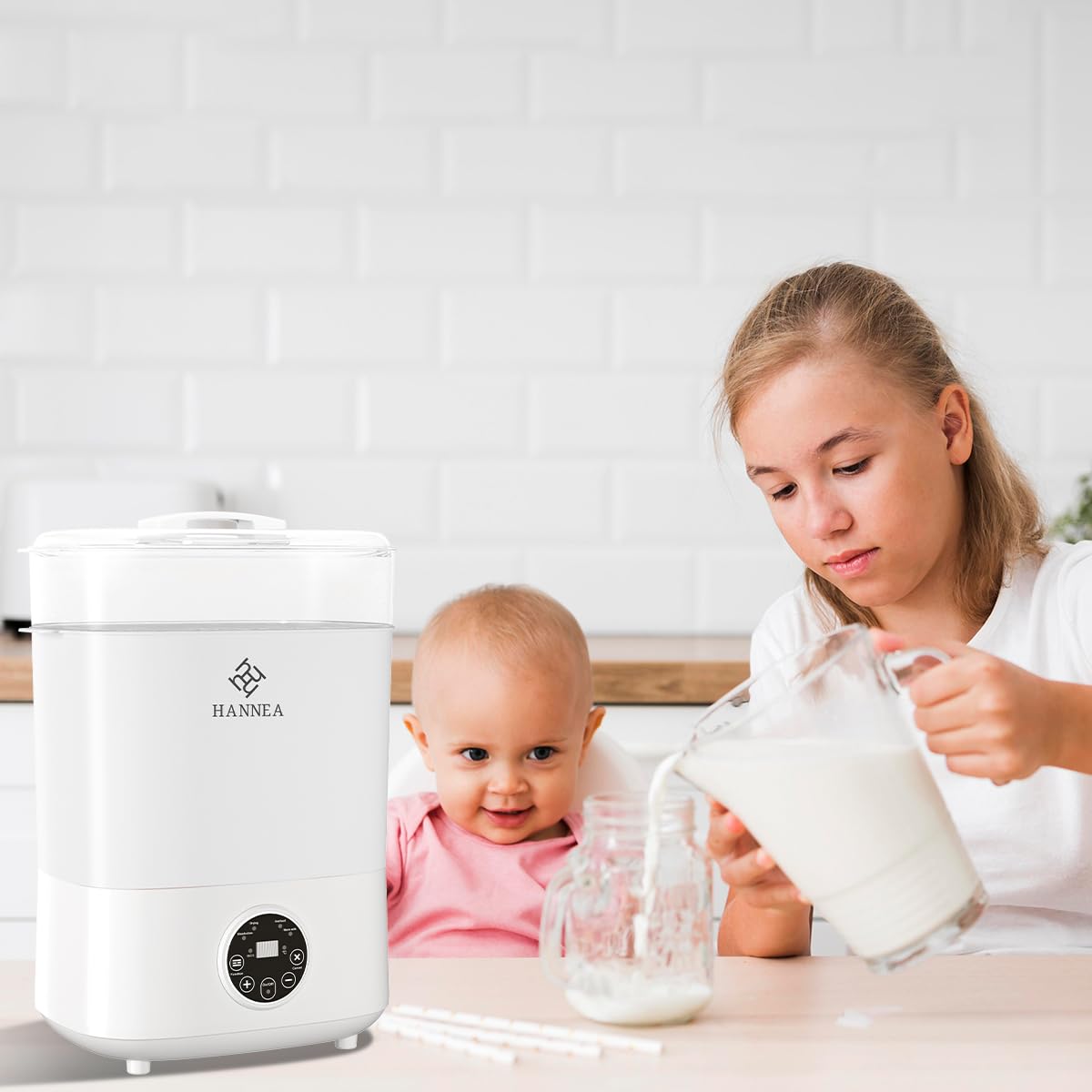 HANNEA Baby Bottle Sterilizer Warmer and Dryer, 3-in-1 LED Screen Electric Steam Ste-rilizer and Dryer Machine for 6 Baby Bottles, Sterilizer for Feeding Bottles, Universal Fit for All Bottles