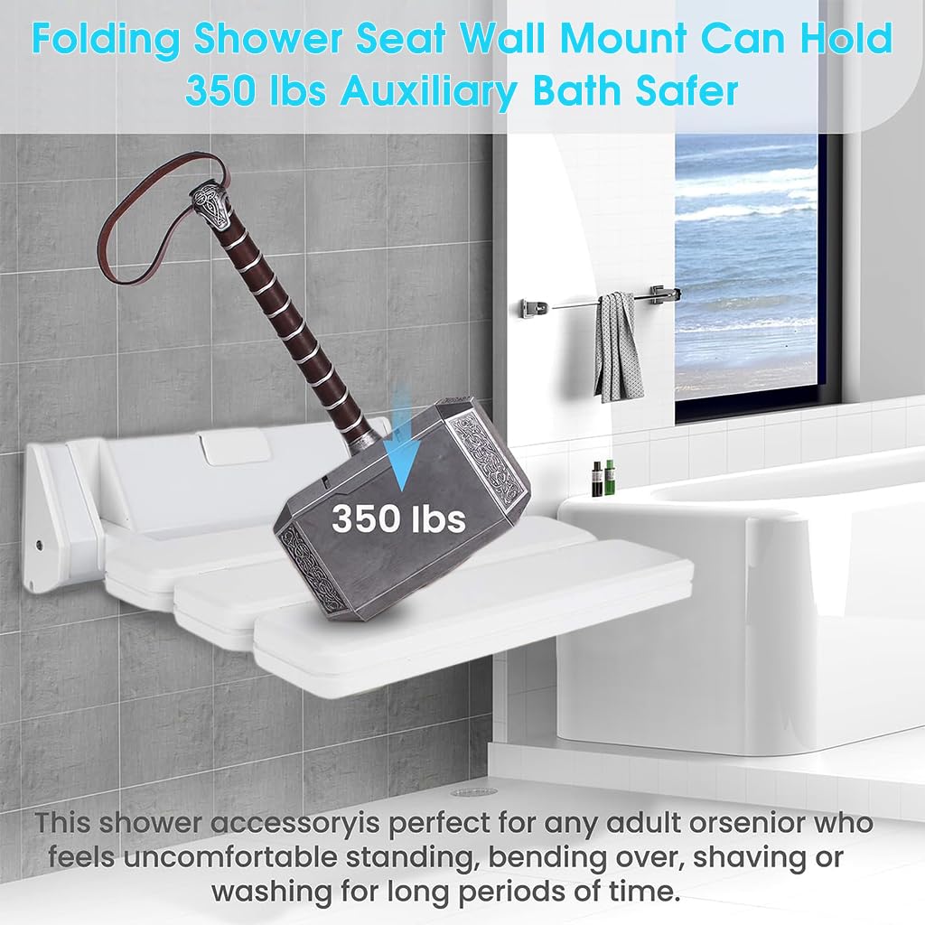 HANNEA Folding Shower Seat Wall Mounted, ABS Durable Shower Seat for Bathroom Anti-Slip Showering Seat, Fold Down Shower Seat Shower Chair for Elderly, Kids, Pregnant(White)