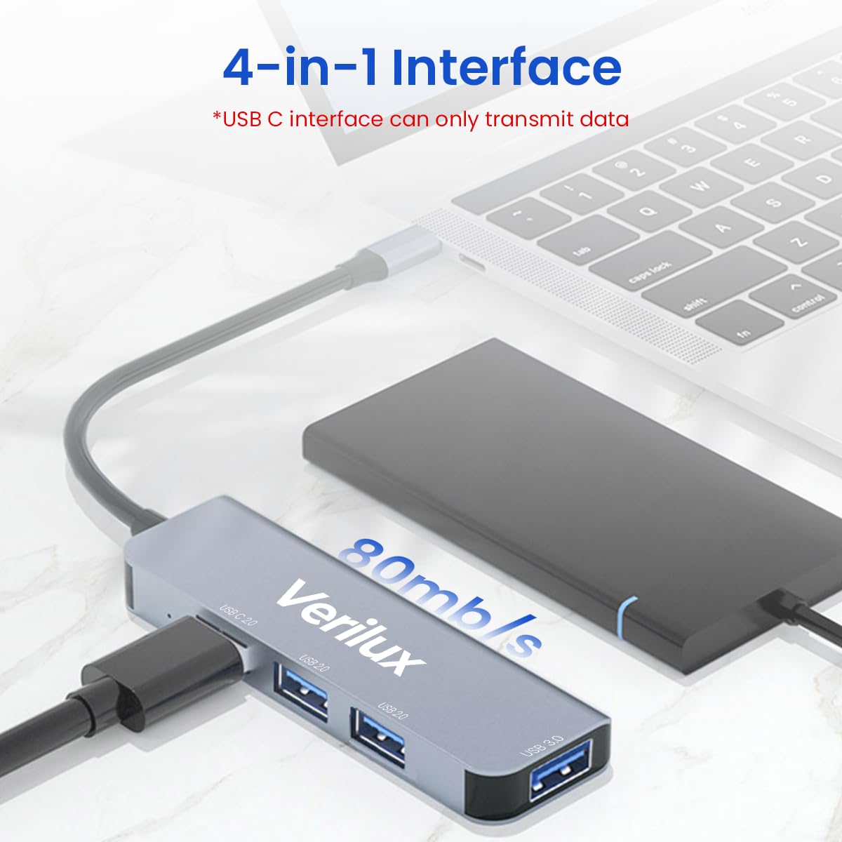 Verilux USB Hub 3.0 for PC Type C Hub 4 in 1 High Speed 3.0+2.0 Multi USB Port for Laptop & Type-C 2.0 Port 5Gbs Transfer Speed USB Extender Multiple USB Connector for MacBook Air/Pro M1/M2, iPad Pro