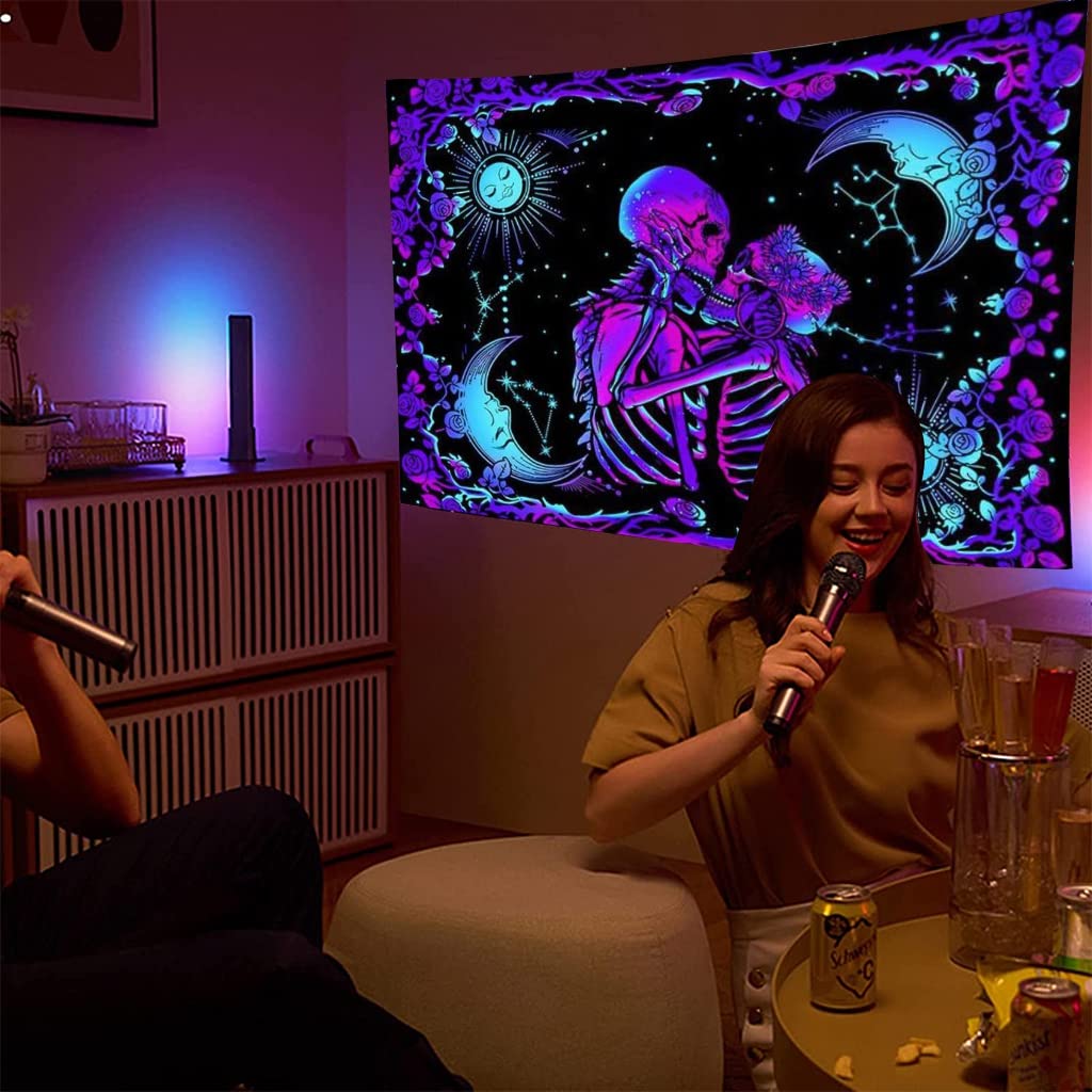HASTHIP UV Luminous Skull Tapestry, UV Reactive Tapestry Glow in The Dark, The Kissing Lovers Tapestry, Skeleton Wall Art for Bedroom Living Room for Room Dorm (51inch x 59inch)