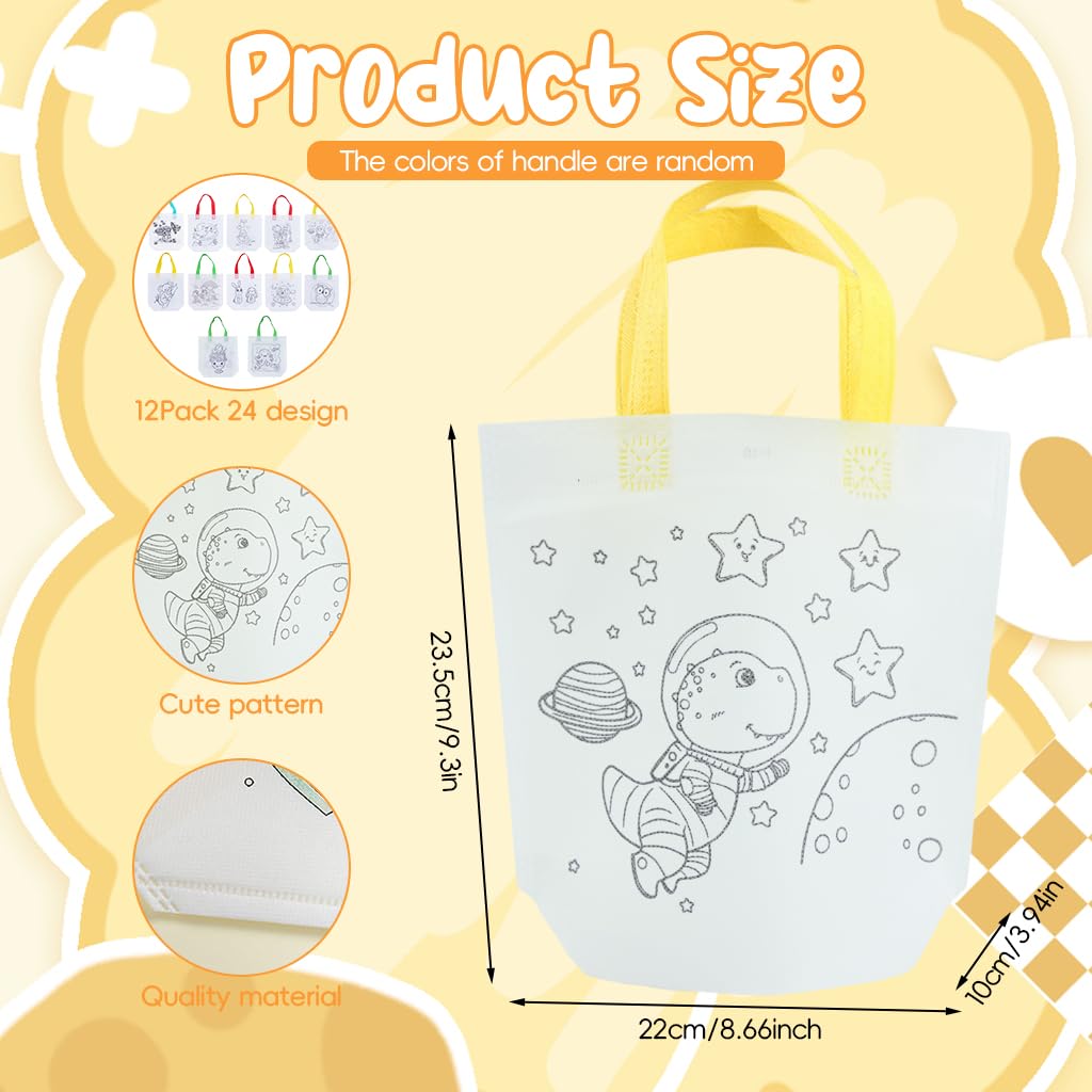 HASTHIP DIY Painting Bags for Kids Set of 12Pcs Non-woven Pre-outlined Cartoon Doodle Hand Bag Coloring Craft Kit Kids Reuseable DIY Coloring Handbags
