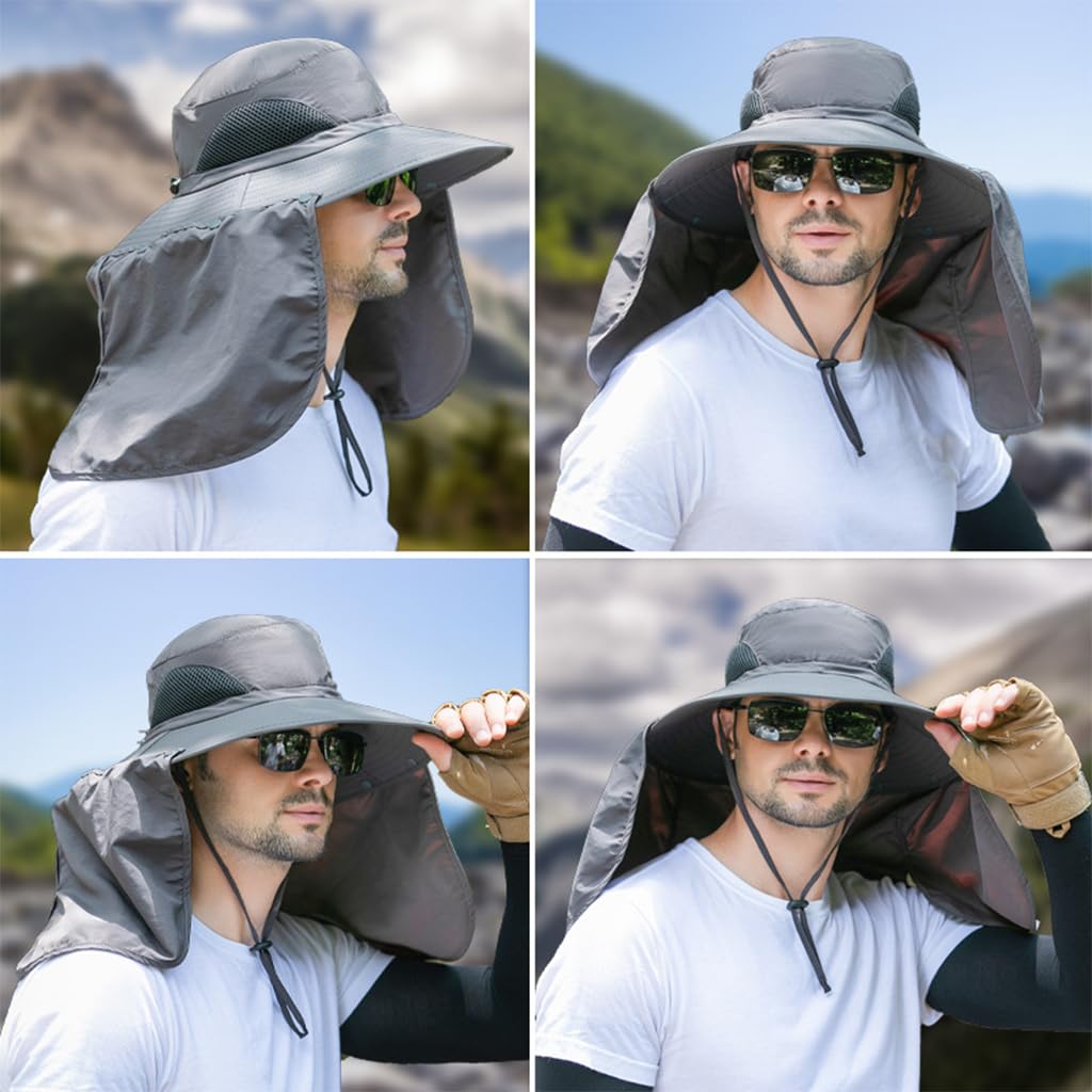 GUSTAVE Wide Brim Hat 360 Degree UV-Protection Sun Hat with Neck Flap & Removable Face Cover Outdoor Unisex Sun Hat with Chin Strap, Breathable Sun Hat for Hiking, Fishing, Gardening