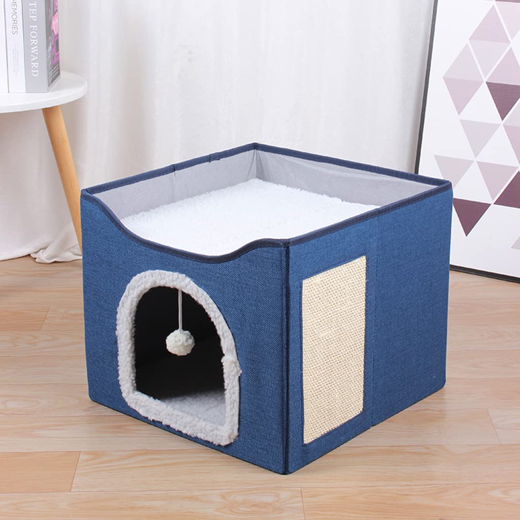 Qpets Cat Beds for Cats Large Cat House Cat Cave for Pet Cat House with Fluffy Ball Hanging Toy and Scratch Pad, Foldable Cat House Cat Hidewawy, Blue, 16.5x16.5x14 inches