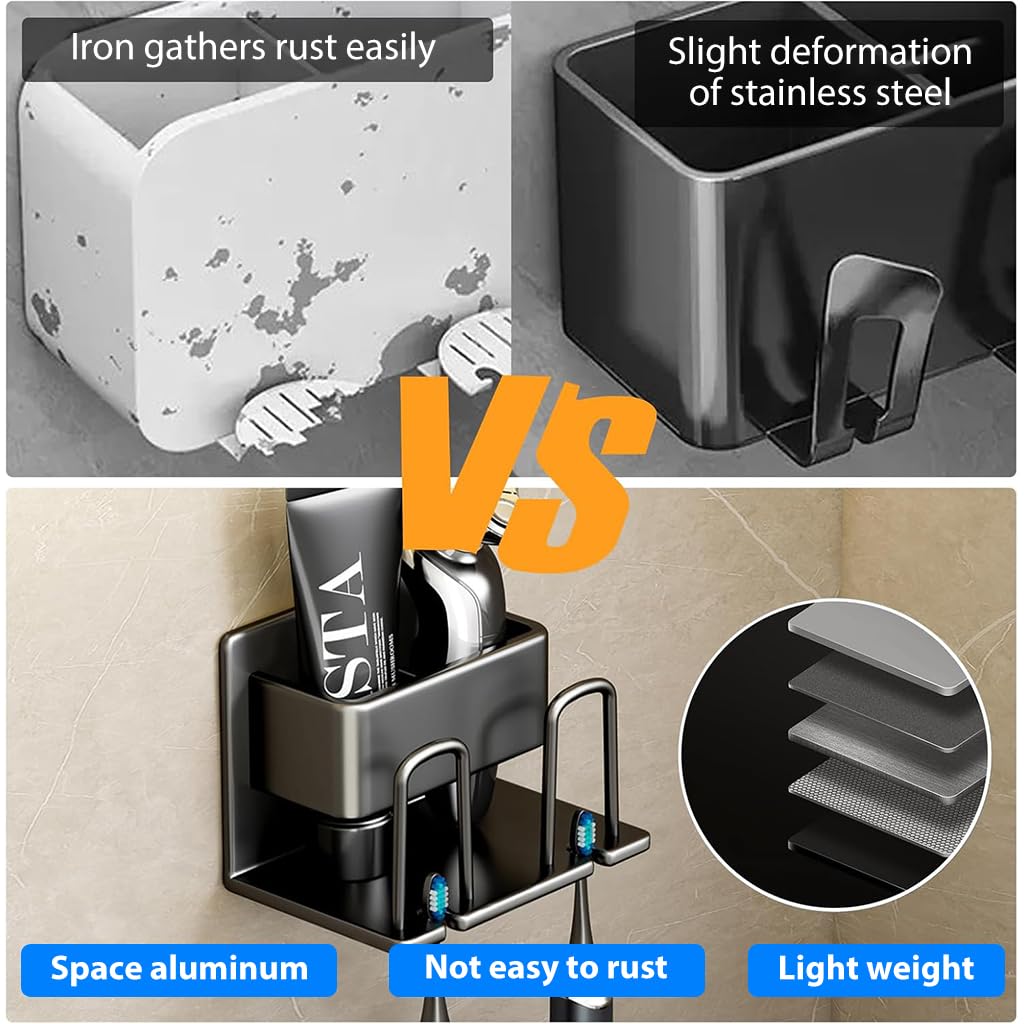HASTHIP Bathroom Toothbrush Holder Dual Slot Toothbrush Rack Bathroom Organiser Self Adhesive Aluminum Metal Toothbrush Holder Organzier Rack Modern Bathroom Wall Mounted Shaver Holder