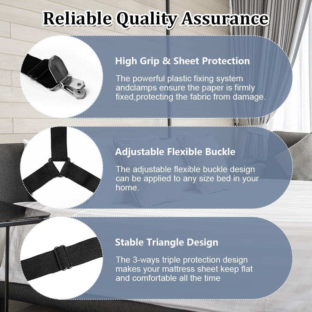 HASTHIP Bedsheet Clips for Bed, Adjustable Elastic Bed Sheet Holder Straps for Full, Queen, King Twin Bed, 6 Way Cross Sheet Clips Suspenders Band, Fitted Round and Square Mattresses (Black)