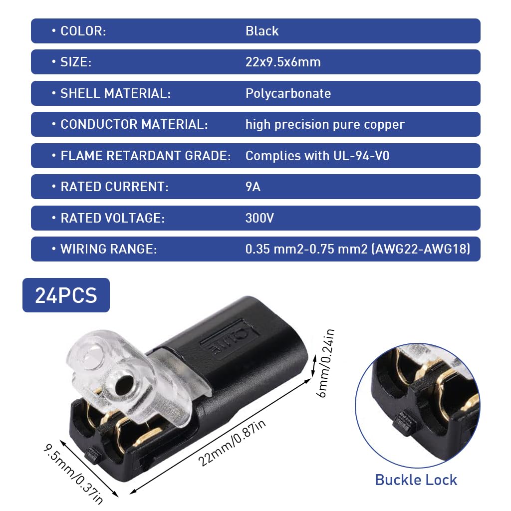 Serplex 24Pcs Wire Connectors Insulated Wire Connectors Cable Connectors No Need of Stripping Wire Universal 2-Pin Cable Connector Plugs 18-24AWG Cable Connectors for Lighting Fixtures, Appliances