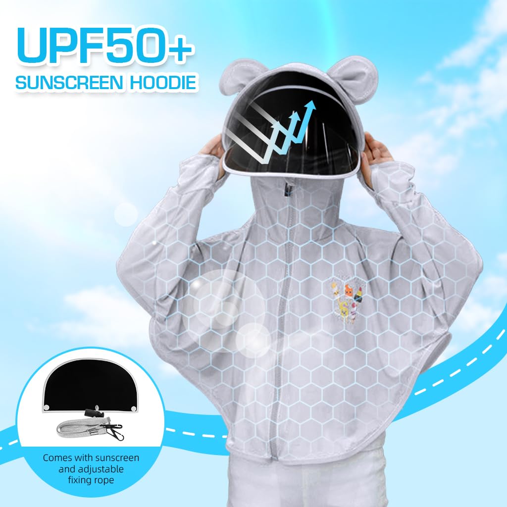 PALAY Sun Protection Hoodie Toddler UV Protection with Protective Goggles Jacket Girls Long Sleeve Shirt UPF50+ Lightweight Hoodie with Thumb Hole 3-12Years(Suggested height of 120-140cm grey)