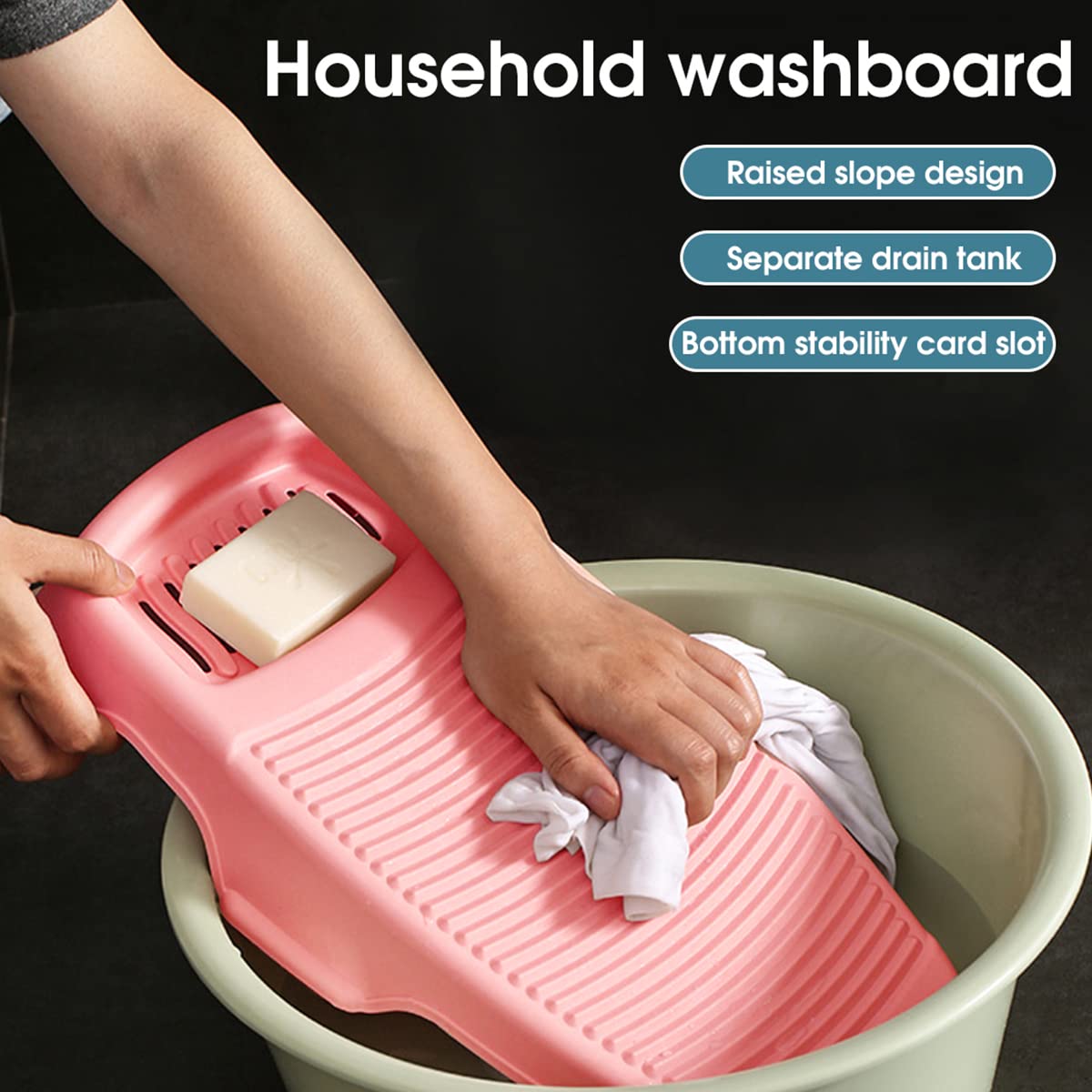 HASTHIP Washboard for Washing Clothes Anti-Slip Hand Wash Board with Soap Holder Clothes scrubbing tub Pad Hangable Laundry Board for Underwear Kid Clothes 44 * 21cm (Pink)