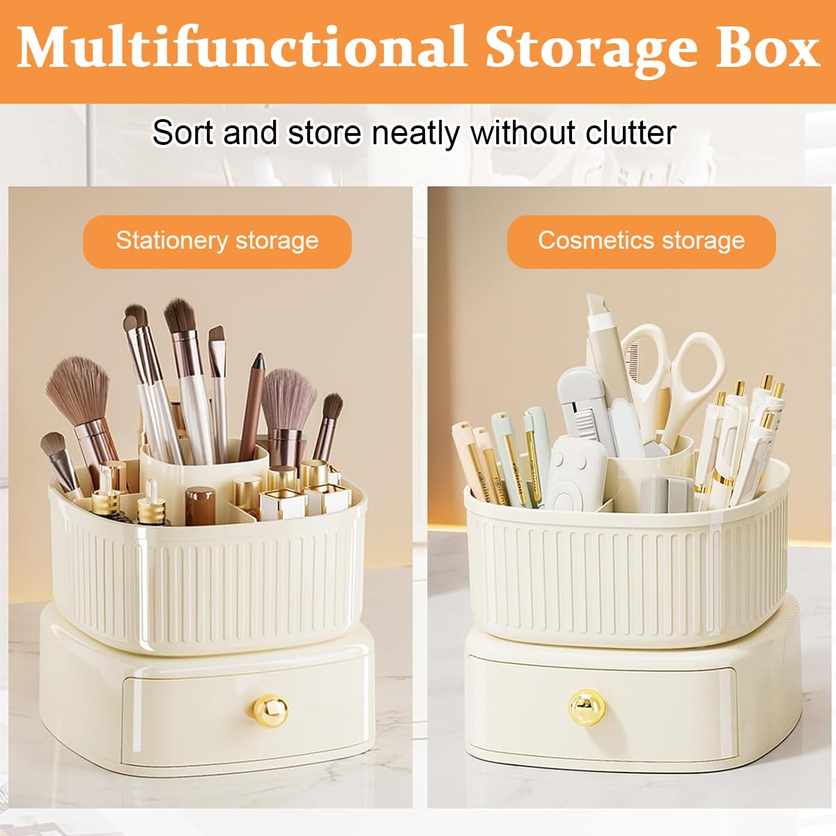 MAYCREATE Makeup Organizer Box, 360° Rotating Makeup Brush Holder with Drawer, Cosmetics Display Case Skincare Storage for Vanity Desktop Bathroom - Ivory