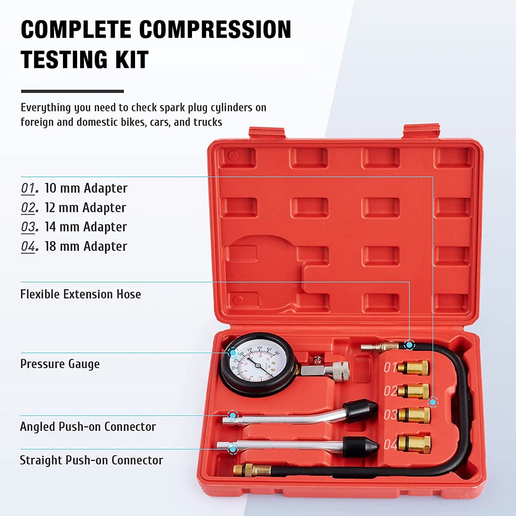 ZORBES 8 PCS Diesel Engine Compression Gauge Tester with Portable Box,Professional Cylinder Pressure Test Tool Kit for Car & Truck, Automotive Test Kit