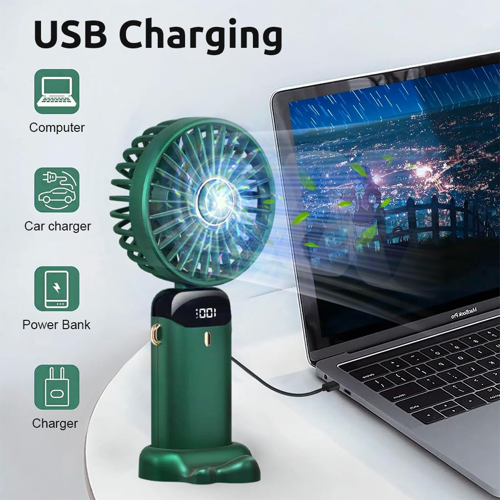HASTHIP Hand Fan Mini Handheld Fan 3000mAh Rechargeable with 5 Speeds, Battery Operated Mini Fan Foldable Desk Desktop Fans with LED Display for Home Office Bedroom Outdoor Travel (Green)