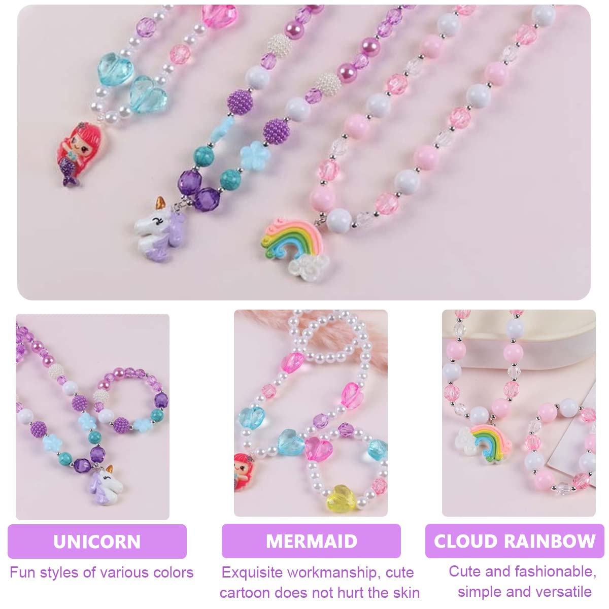 SANNIDHI® Set of 3 Necklace Bracelet Set for Girls Princess, Unicorn Mermaid Rainbow Charms Beads Necklaces Stretchy Chunky Jewelry Kit for Toddlers Kids Dress Up Costume Party