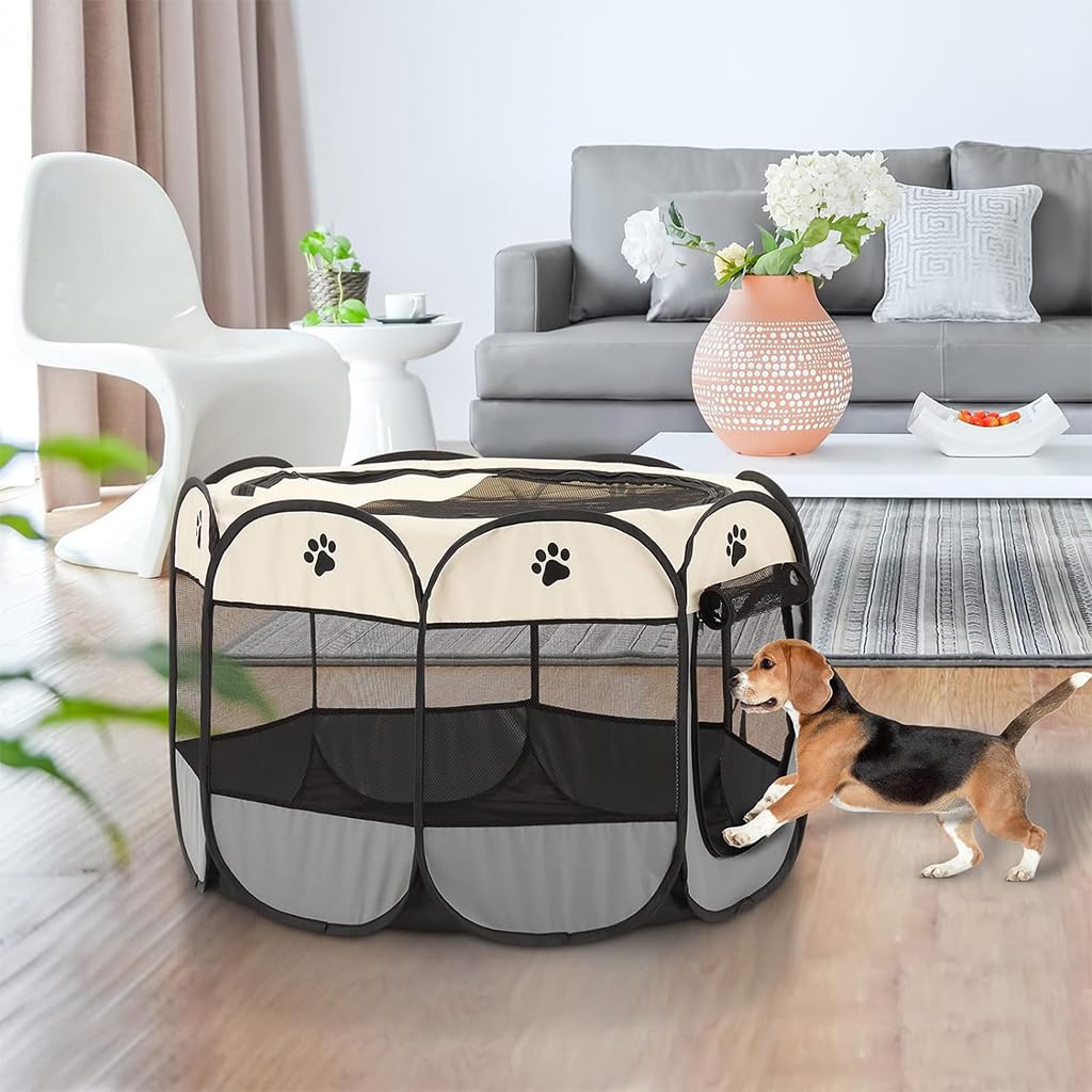 Qpets Foldable Pet Playpen Breathable Indoor Pet Fence Pet Enclosure with Mesh Window for Cat Dog Movable Pet Delivery Room Detachable Zipper Mesh Shade Cover, 28.7'' x 28.7''x16.9''
