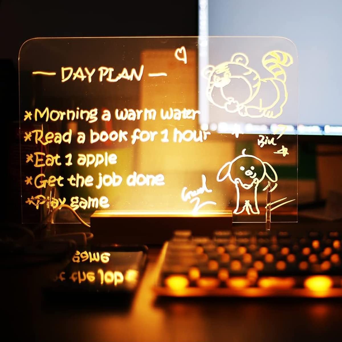 Climberty 3D Acrylic Writing Board with 7 Color Pen, 11.8'' X 7.9'' USB Light up Dry Erase Board with Wood Base, Rewritable Acrylic Writing Board for Leaving Messages, Daily Schedules, Plans, Notes