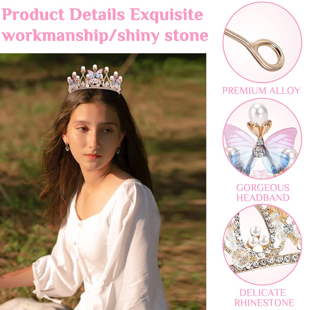 PALAY Crystal Tiara Crown Pearl Princess Costume Crown Headband Flower Pageant Handmade Hair Accessories Cosplay,Birthday,Celebration for Girl Women
